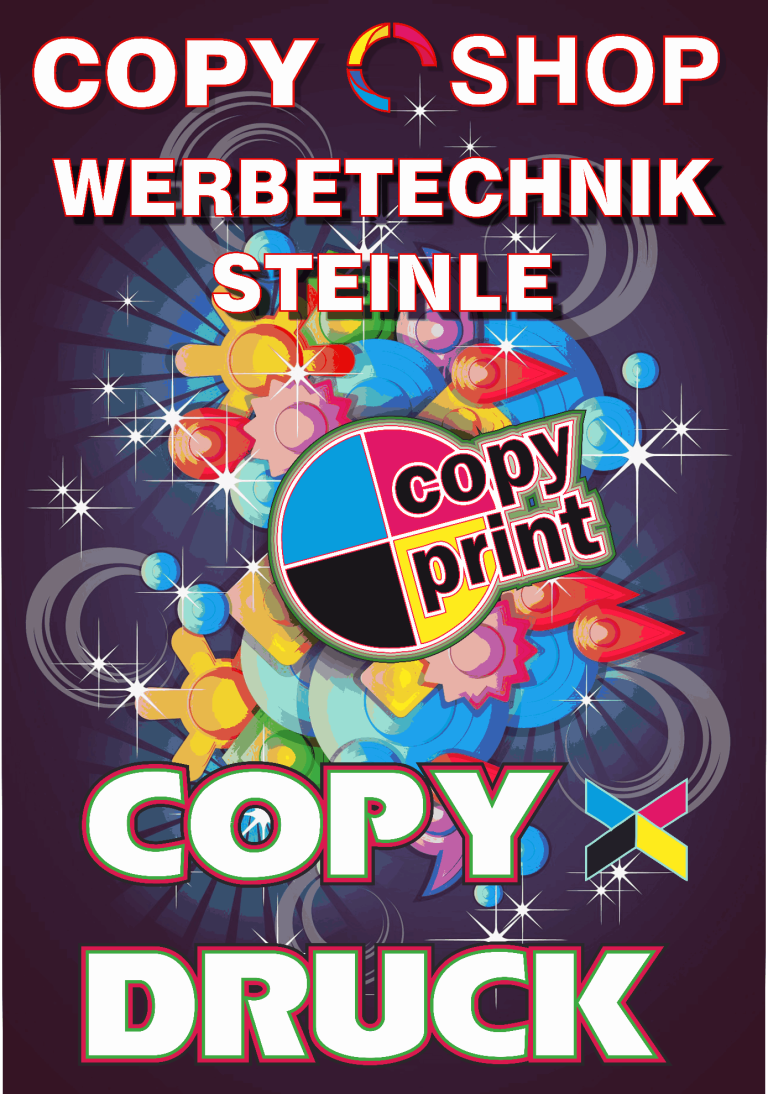 Werbeschilder für einen Copyshop mit buntem Design und Logos.